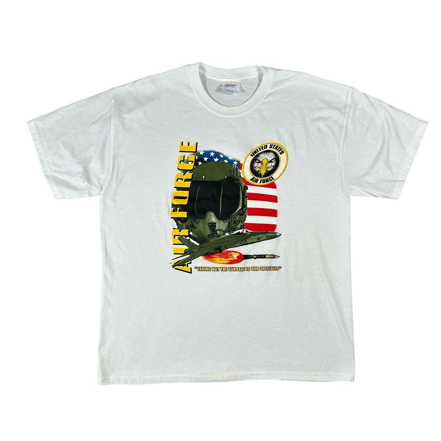 Vintage USA Air Force Funny Eagle Flag Heavyweight Mens Large White T-Shirt