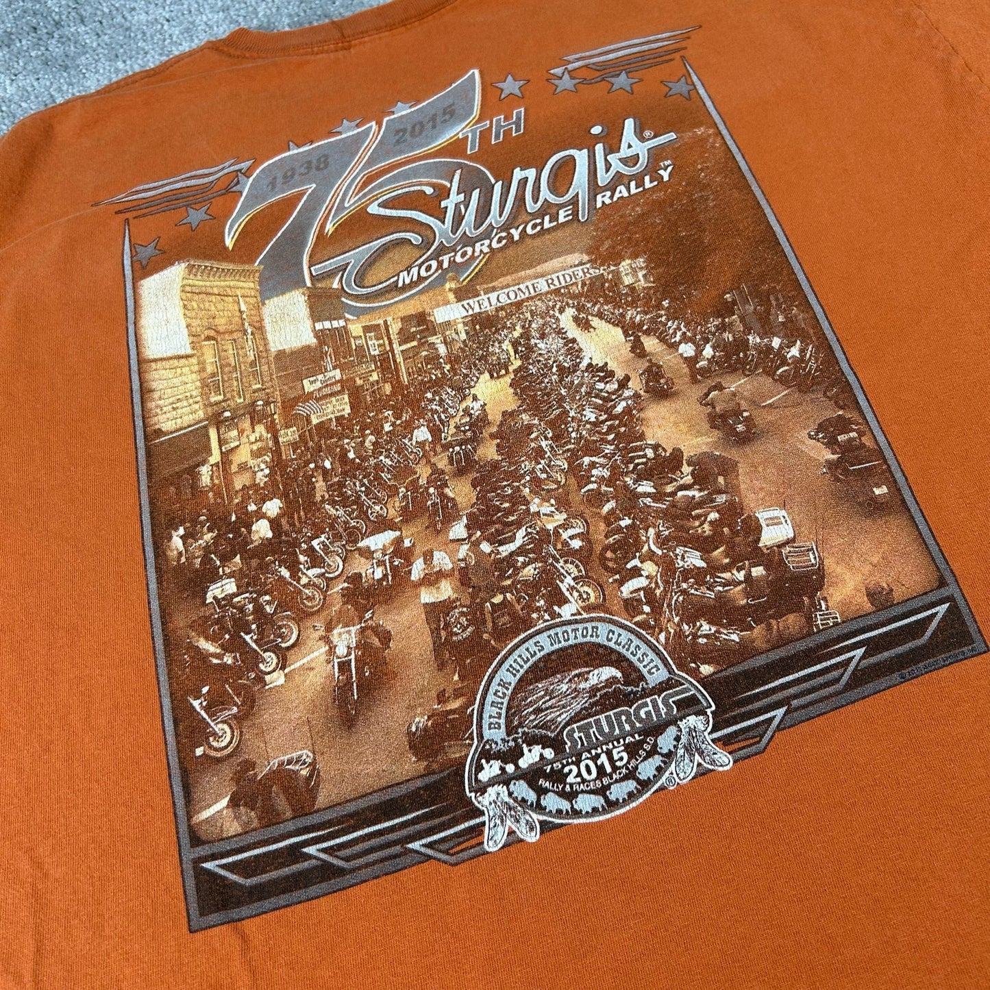 75th Sturgis Motorcycle Rally Black Hills Orange Mens Extra Large XL T-Shirt