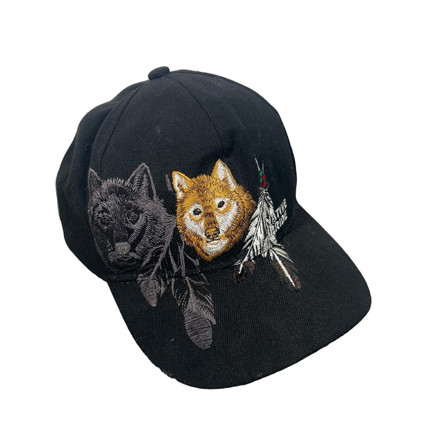 Native Pride Vintage Wolf Wolves Feather Joycap Black OSFA Strapback Hat