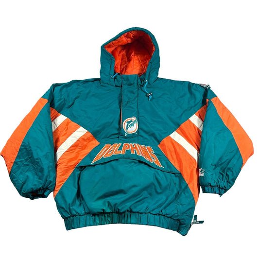 VTG Miami Dolphins Starter Mens XL Aqua Kangaroo NFL Pro Line Puffer Coat Jacket